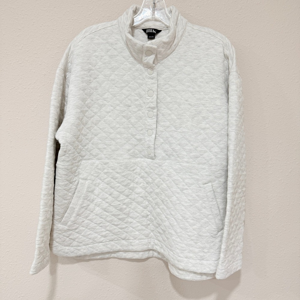 Eddie Bauer Quilted Snap Pullover Kangaroo PocketsXL Gray Heather